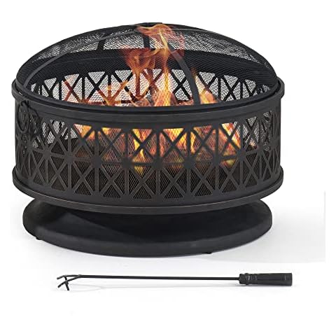 Sunjoy 30 in. Outdoor Fire Pit, Patio Black Round Wood-Burning Steel Firepit Large Fire Pits for Outside with Spark Screen and Fire Poker Cover