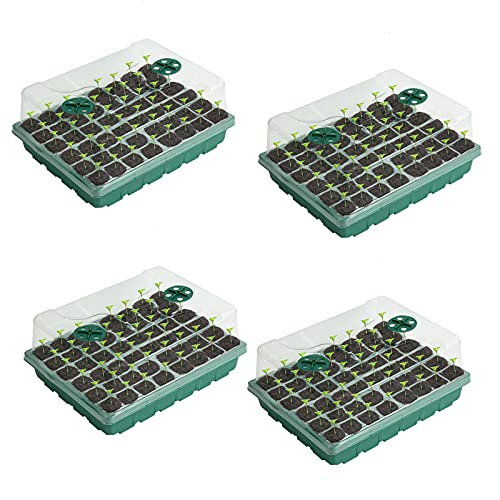 JHome 4-Set 192 Cells Seed Starter Tray Kit (48 Cells per Tray), Humidity Adjustable Plant Germination Grow Trays with Double Domes for Microgreens, Soil Blocks, Rockwool Cubes, Wheatgrass, Hydroponic