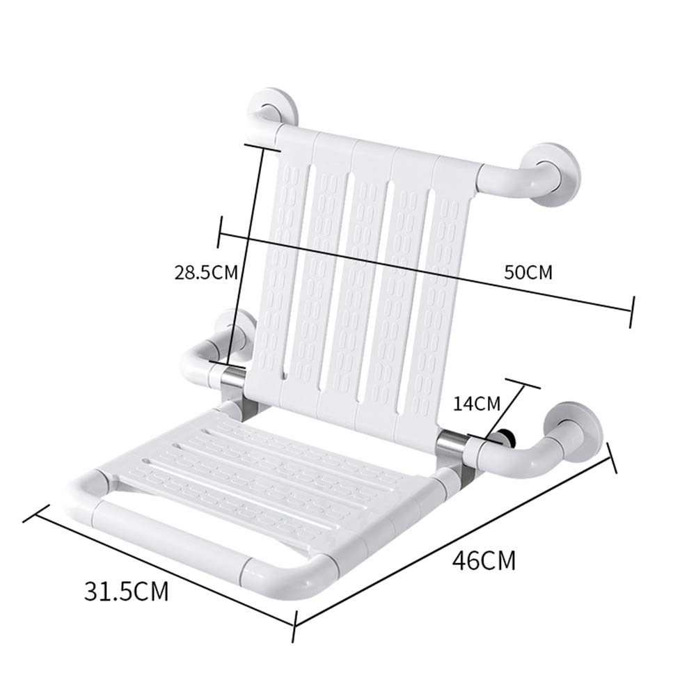 Taburete de ducha plegable, montado en la pared con respaldo, impermeable, a prueba de humedad, antideslizante, acero inoxidable 304, soporta hasta 250 kg, ideal para la seguridad del baño