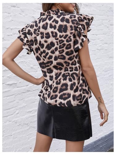 Floerns Women's Cheetah Print Ruffle Cap Sleeve Blouse Notch V Neck Elegant Tops2