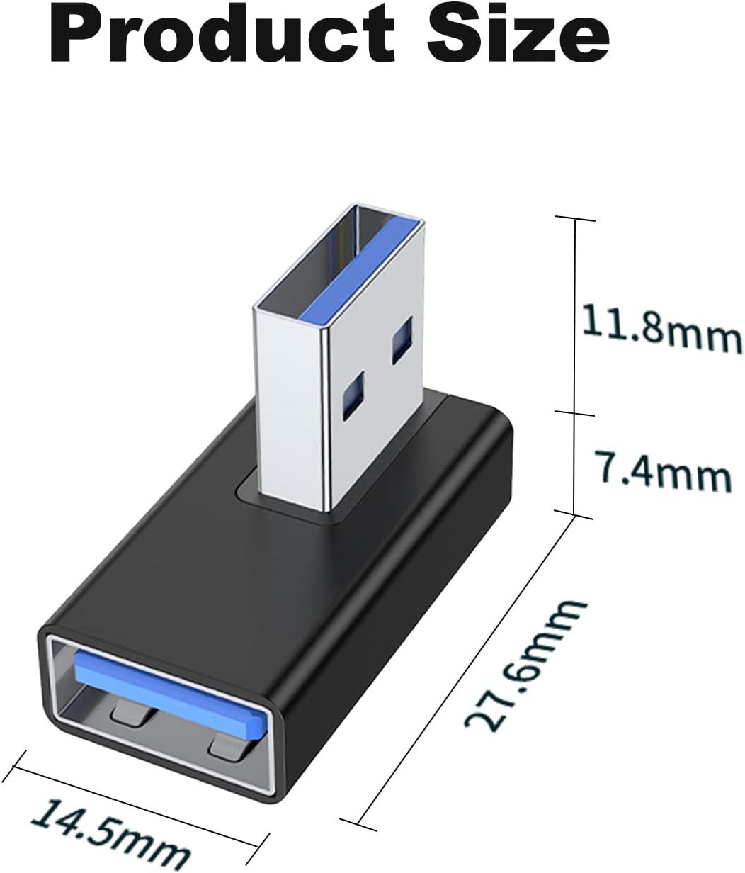 AreMe 90 Degree USB 3.0 Adapter 2 Pack, Left and Right Angle USB A Male to Female Converter Extender for PC, Laptop, USB A Charger, Power Bank and More (Black)