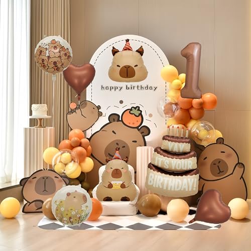 Image of Capybara Birthday Foil Balloon Set, 8-Piece Party Decor (1) | Reusable foil balloon set with capybara, cake,number . Perfect for birthday, baby shower, gender reveal & themed parties