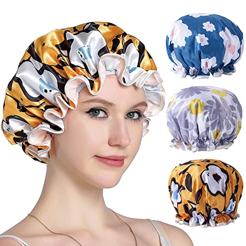 YIZIJIZI 3 Pack Reusable Shower Cap, Large Shower Caps for women, Double Layer Waterproof Hair Caps for Long Thick Hair Bath Caps for Hair Care…(Flower)