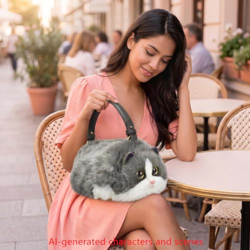 Image of Realistic Puffy Plush Cat Shaped Crossbody Handbag for Women