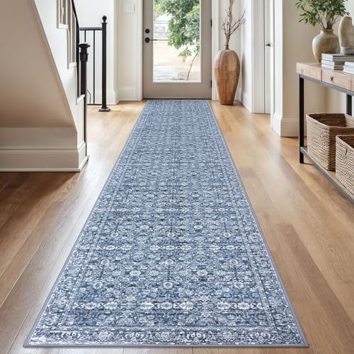2.6x16 Blue Washable Runner Rug for Kitchen, Soft Classic Runners with Non-Slip, Non-Shedding Distressed Floral Rug for Hallways Entryway Bedroom Bathroom Laundry Indoor