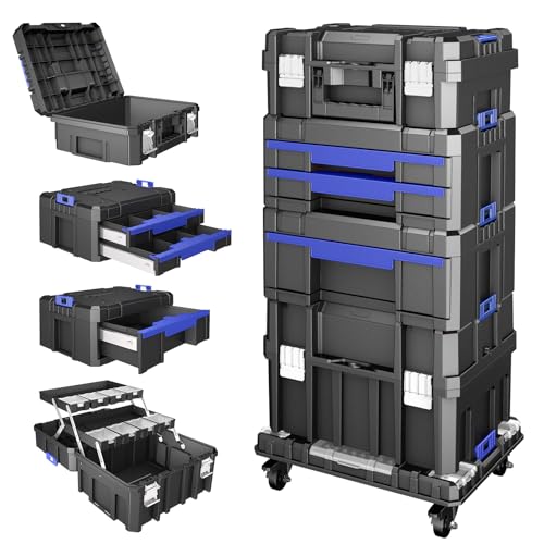 Image of 5 Tier Stackable Tool Box with Wheels,Rolling Tool Box with Drawers,Modular Tools Organizer,Portable Tool Box with Transparent Parts Box,Large Capacity Toolbox,for Garage Storage,Home and Repair Shop