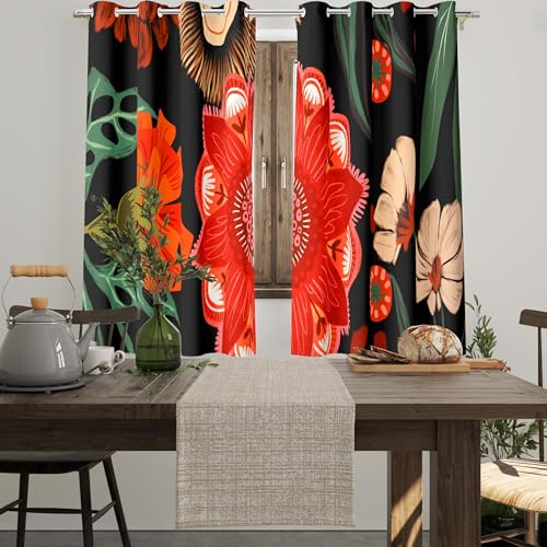 Image of Tyrot Black Floral Grommet Blackout Curtains, 52W x 45L, 2 Panels