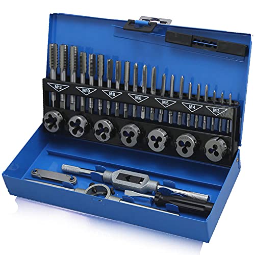 SWANEW Set taglio filettatura in solido acciaio al tungsteno metrica 32 pezzi, filettatrice professionale, set Maschi E Filiere per Filettatura, M3-M12