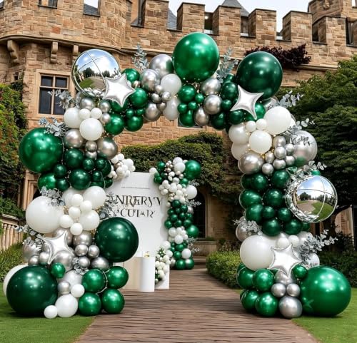 Image of Emerald Green Silver Balloon Arch Double Stuffed White Pearl Balloon Kit | Dark Forest Green White with Silver Star Foil Balloon Garland for Birthday Christmas Anniversary Opening New Year Party Decor