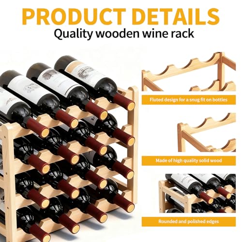 16 Bottles Wooden Wine Rack, 4 Tier Stackable Wine Storage Racks Free Standing Bottle Rack for Cupboard Home Kitchen Pantry Wine Cellar - Image 4