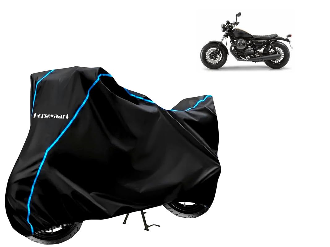 Horseyaart - Bike Cover Water Resistant Compatible with Moto Guzzi V9 Bike Cover with Elastic and Belt Bukle Lock with Stripe Piping Design (Black and Blue)