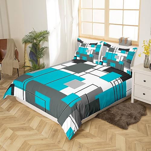 Homewish Geometric Square Duvet Cover Double Teal Grey Bedding Set Black Gray Turquoise Comforter Cover for Kids Teen Adults Modern Abstract Lines Bed Set Rustic Farmhouse Room Decor 2 Pillow Cases - Image 3