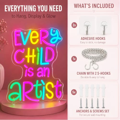 Image of Every Child Is an Artist Neon Sign for Classroom Decor - Colorful LED Neon Light with Dimmable Switch, USB Powered Wall Art for School Library, Playroom, Kids Study Room, Great Teacher Appreciation Gift