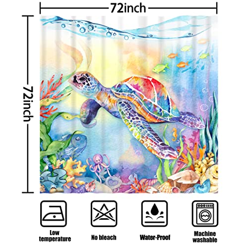 Sea Turtle Shower Curtain, Undersea Seaweed Seashell Shower Curtain, Nautical Turtle Marine Animals Tropical Fish Teal Ocean Shower Curtain Set For Bathroom, Bathtub Decor With Hooks, 72"X72" #TOP4