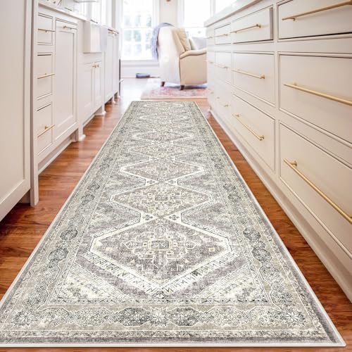KUTA Oriental Washable Runner Rug, 2x10 Non-Slip Vintage Hallway Kitchen Long Rugs Ivory Grey Yellow Ultra Soft Printed Distressed Tribal Farmhouse Runners for Bedroom Living Room