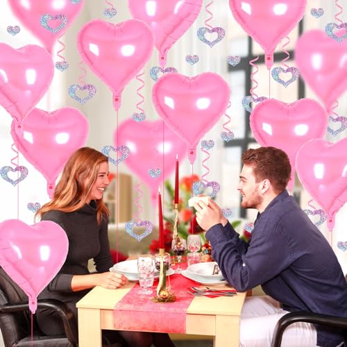 Image of 24 Pcs Pink Heart Balloons, 100 Pcs Heart Hanging Streamers, 18 Inch Heart Foil Balloons Valentine's Day Balloon Love Balloon for Valentines Day Proposal Wedding Party Decorations