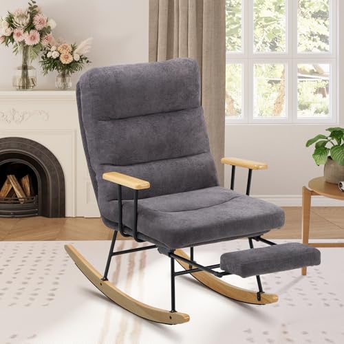 Image of Rocking Chair with Footrest-Glider Rocker Chair with Retractable Footrest and Adjustable Backrest, Teddy Upholstered Rocking Chair, Modern Accent Chair for Living Room/Nursery/Bedroom/Outdoor-Grey