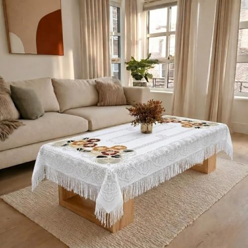 Image of Cotton Net Embroidered Center & Dining Table Cover for 4 Seater | Rectangular 40x60 Inch | Lightweight & Washable Table Cloth | Pack of 1 (White)