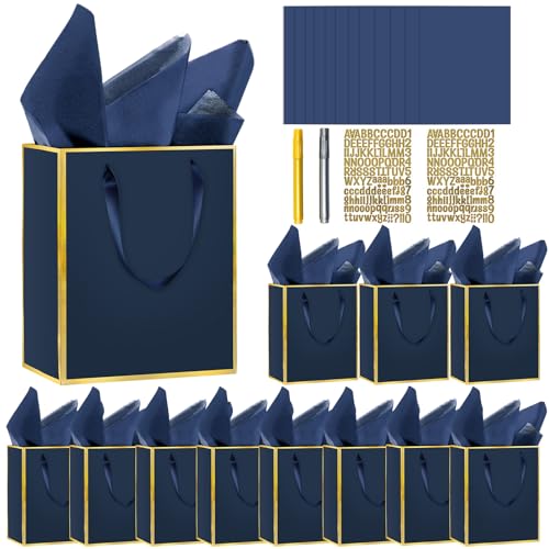 Epoesch 12 Pack DIY Navy Blue Gift Bags With Handles Tissue Paper and Painting Pens 9x7x3 5 Senses Bag for Birthdays Weddings Baby Showers Fathers Day Holidays & Thank You (Navy Blue Gold)