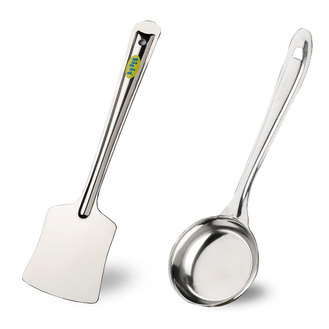 Kipiq Dosa Making Combo Set – Stainless Steel Turner & Ladle | Food-Grade, Rust-Proof & Durable | Essential South Indian Kitchen Tools for Home & Restaurant Use