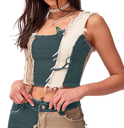 Grimgrow Halter Crop Top, Women's Fashion Patchwork Color Block Denim Tank Top Fringed Halter Zipper Back Crop Top Green L