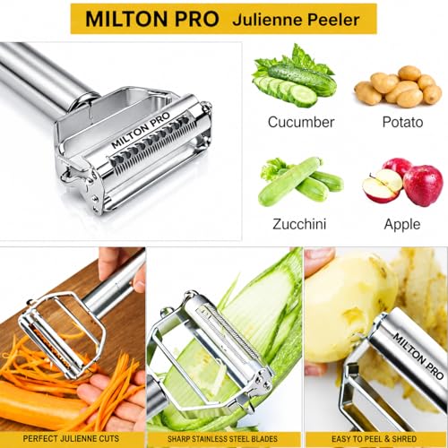 Image of MP Milton PRO 2 in 1 Stainless Steel Julienne Vegetable Peeler Multi-Functional Fruit & Veggie Shredder Slicer and Grater for Potatoes, Carrots, Cucumbers (Silver, 18 x 8.2 x 2.3 cm)