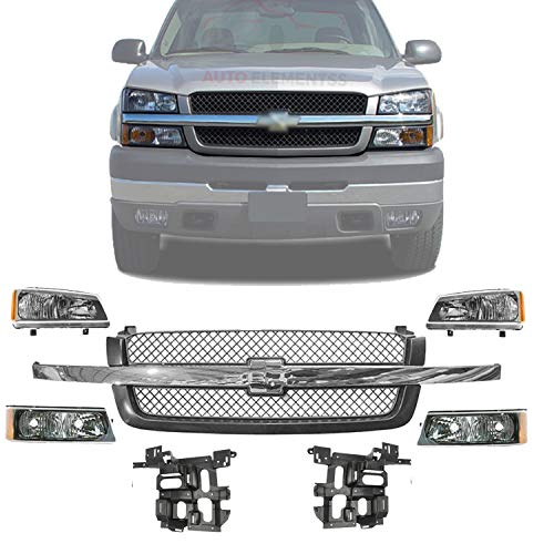 New Front Grille Chrome Center Bar + Headlight & Signal Lamp + Brackets Support Left Driver & Right Passenger Side For 2003-2006 Chevrolet Silverado 1500 2500HD 3500HD Direct Replacement 10396912