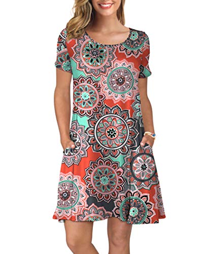 KORSIS Women's Summer Floral Dresses T Shirt Dress Round Flower Orange L