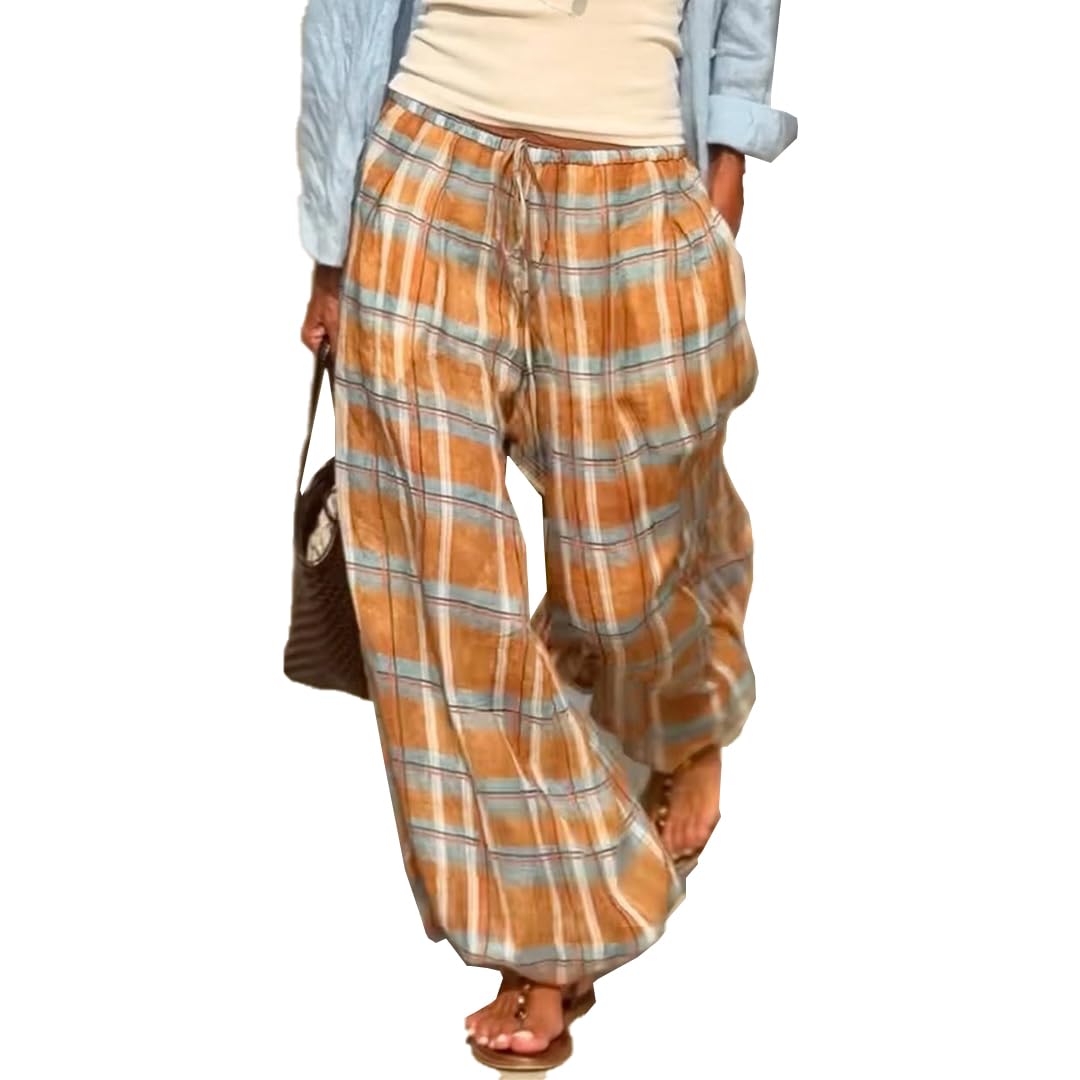 Plaid Pants for Women Casual Wide Checkered Drawstring Leg Baggy Pants Lowy Balloon Pants Y2k Streetwear