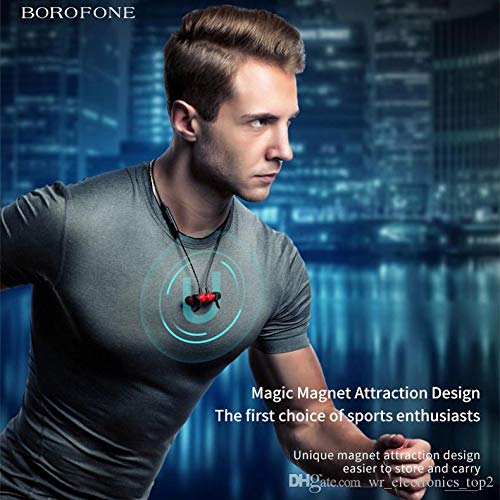 Person wearing BOROFONE BE5 earphones magnetically attached around neck