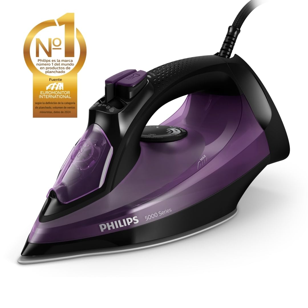 Philips Serie 5000 Plancha de Vapor, 2400W de Potencia, 45g/min, Golpe de Vapor 180g, Vapor Vertical, Suela SteamGlide Plus, Negro/Púrpura (DST5030/80)