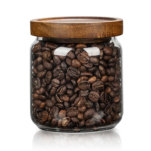 piconesper 1 PC Small Glass Storage Jars with Airtight Lids, 17 fl oz (500ml) coffee container with Wooden Lid, Glass Pantry Canister for Beans, Rice, Sugar and etc