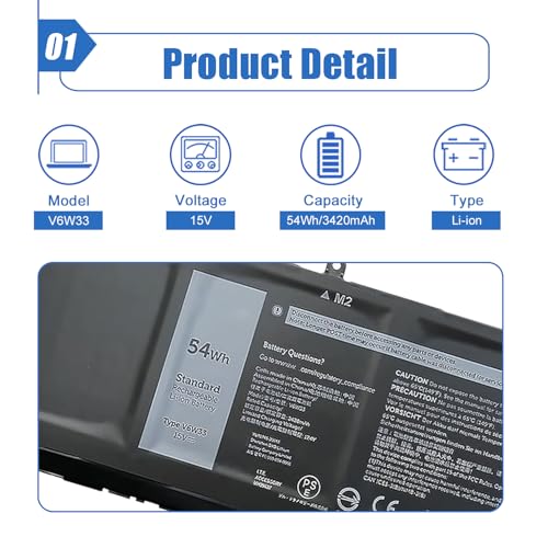 Image of 54Wh V6W33 Battery Compatible with Dell 3520 3525 3530 3535 5515 5310 5320 5330 5420 5425 5625 5630 5635 5640 5645 7420 7430 7440 Latitude 3320 3330 3520 Vostro 3425 3525 Series 15V 3420mAh 4-Cell