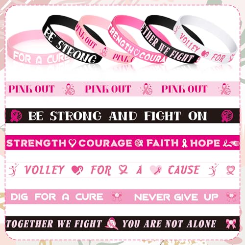 120pcs Volleyball Breast Cancer Awareness Bracelets Pink Ribbons Silicone Bracelets Hope Faith Strength Courage Wristbands Accessories Breast Cancer Awareness Gifts for Women3