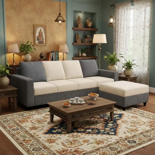 Image of Stryker Plush 5 Seater L Shape Sofa Set with Movable Ottoman | Flexible Layout |Silken Velvet Suede | Designer Sofa for Living Rooms & Office Spaces (Dark Grey & Cream)