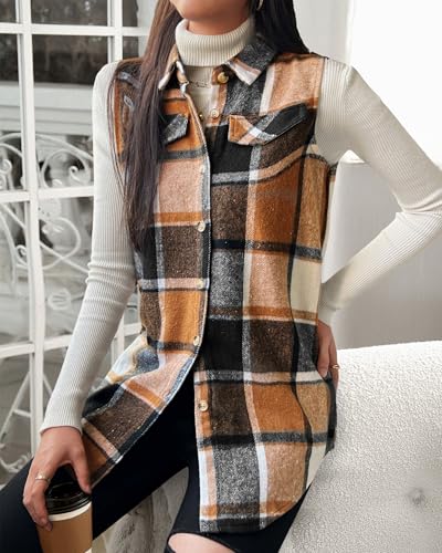 JTI Vest for Women, Flannel Plaid Lapel Neck Sleeveless Outerwear Vests, Button Front with Pockets Casual Jackets4