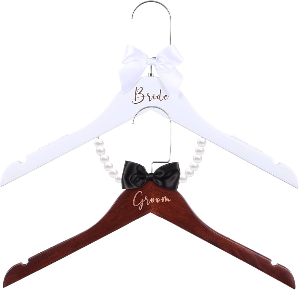 2 Pcs Bride Hanger Bride and Groom Wedding Dress Hanger Set Brown Wooden Wedding Hanger with Bow Tie for Tuxedo Suit Bridal Hanger with Bow Wedding Gift Bridal Party Shower