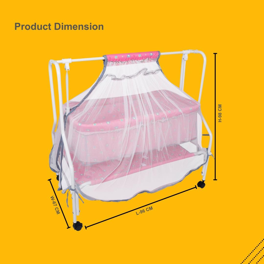 Kiddery Maia | Cradle for Baby | New Improved Mattress Design | Mosquito Protection Net | Smooth Swing | All Wheel Lock | Palna | Jhula | Uyyala| 0-10 Months | Pink 4