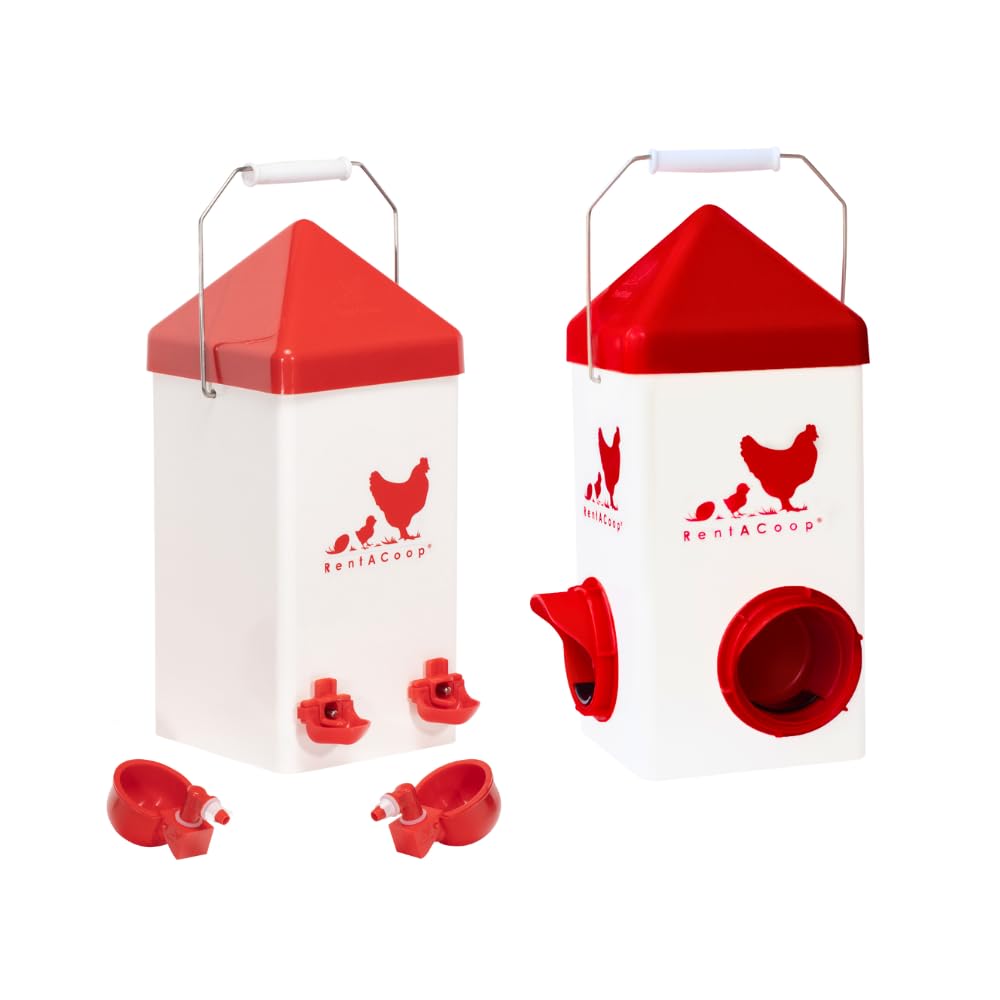 RentACoop Chick2Chicken 5lb 2-Port Feeder and 1-Gal Small Cage Waterer Set - Suitable for Chicks, Chickens, Pigeons, Quail, Game Birds