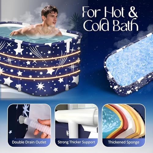 Image of Lexara Portable Folding Bathtub for Bathroom - Large Freestanding Soaking Tub with Thick Insulated, Ice & Hot Spa Tub, Collapsible Cold Plunge Therapy, Muscle Recovery Tub (Star Blue Bathtub)
