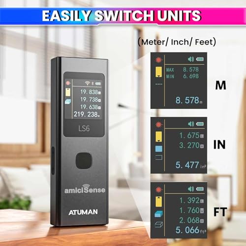 Image of amiciSense 3-in-1 Laser Distance Meter - 19 Modes for Distance, Area, and Volume Measurement, Type-C Rechargeable with Auto-Off and Color Display