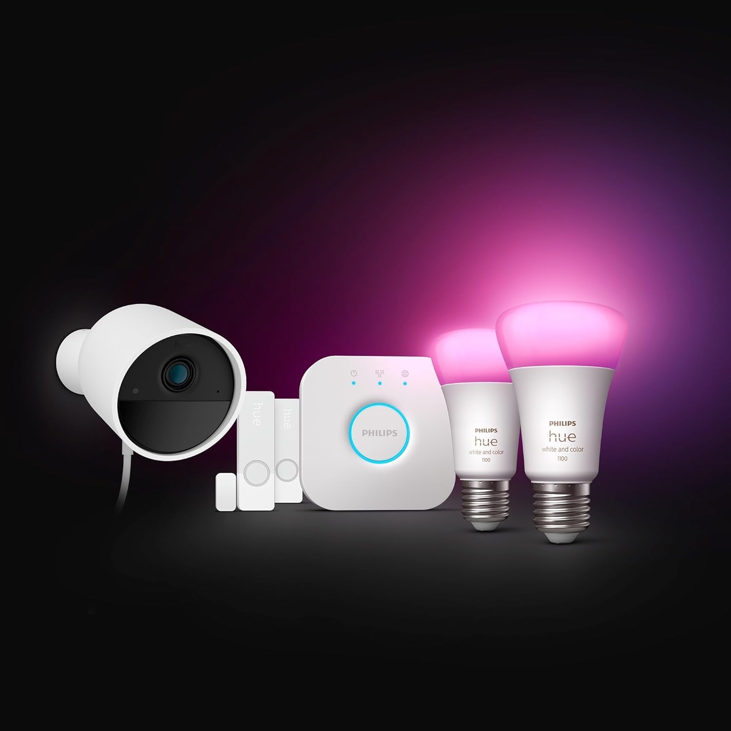 Philips Hue Secure, Kit de Démarrage avec 1 Caméra Filaire Sécurisée Blanche, 2 Capteurs de Contact Sécurisés Blancs, 2 Ampoules Connectées White and Color Ambiance, 1 Pont, Facile à Installer