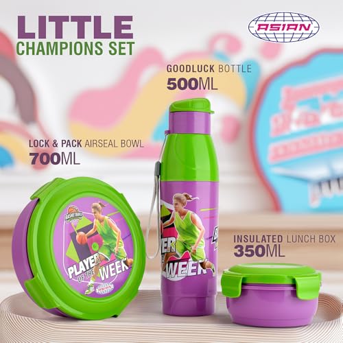 Image of Asian Plastowares Little Champions 3-in-1 Insulated Lunch Box Set for Kids | 700ml Steel Tiffin, 500ml Water Bottle | Leakproof, BPA Free | Green & Violet | Must-Have Back to School Set