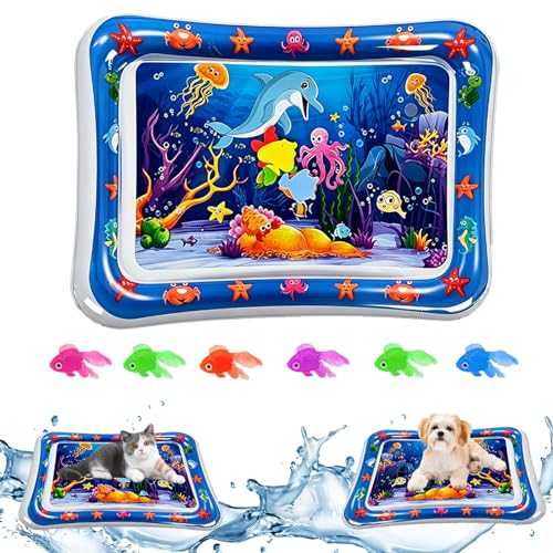 JWVGWV 2 Pack Upgraded 0.8MM Thickened Cat Water Mat with Fish Interactive Cat Toy for Indoor Cats to Exercise Cooling & Heating Water Bed Sensory Play Mat for Bored Adult Kitten Cats to Hunting