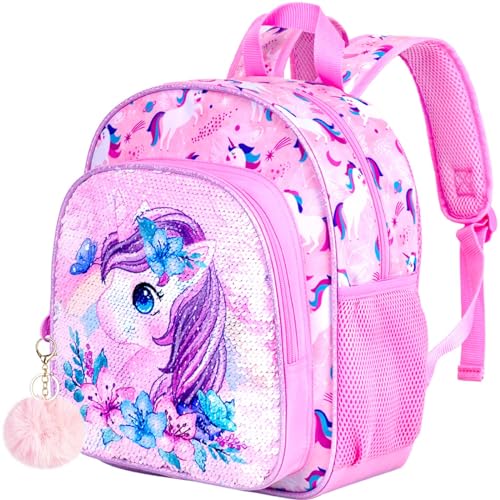 Toddler Backpack for Girls, Cute Unicorn Bookbag for Little Kids, 12” Sequin Kindergarten Preschool Schoolbag