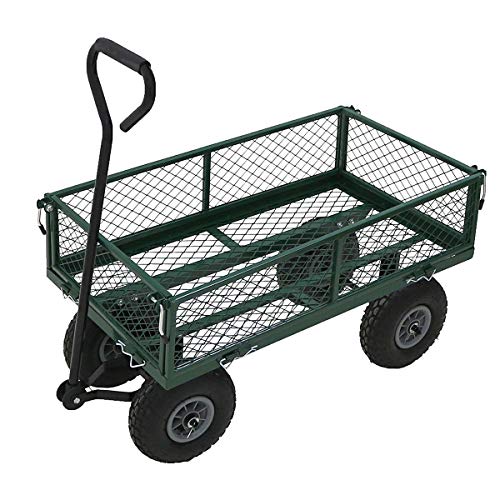 Heavy Duty Metal Gardening Trolley - Green Trailer Cart Pull Wagon Hand Trucks Garden Transport Cart for Outdoor