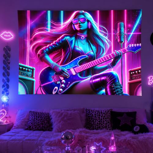 Image of BlissYard Blacklight Anime Tapestry 78x59 Inch Cool Wall Decor | Cool Girl Art Tapestry for Bedroom Glow In The Dark UV Reactive Black Light Tapestries Posters Wall Hanging Room Party Decor