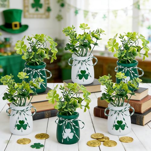 Iceyyyy 6 Pcs St.Patrick's Day Mini Shamrock Jars, Saint Patricks Day Mini Shamrock Vase with Fake Clover, St Patricks Day Centerpieces for Irish Holiday Home Party Supplies