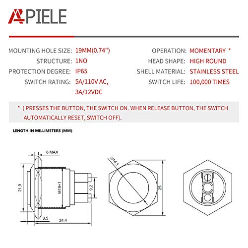 Apiele 19Mm Momentary Push Button Switch High Round Cap Waterproof Stainless Steel Metal High Flush Screw Terminals 250V 5A 1No Spst (Pack Of 2) #TOP1