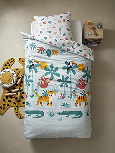 VERTBAUDET Conjunto Funda nórdica + Funda de Almohada Infantil COCODRILO Blanco Claro Liso con Motivos 140X200 - Funda 50X75